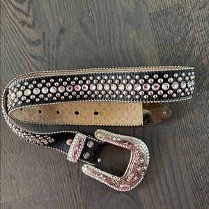 BB Simon Vintage Women’s Black Rhinestone Western Belt with Silver Buckle